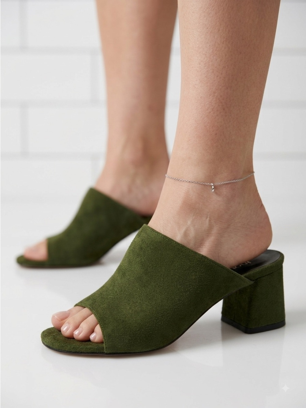Anonymous Copenhagen Olive Green Suede Block Heel Mules - US 7 (37) NWT